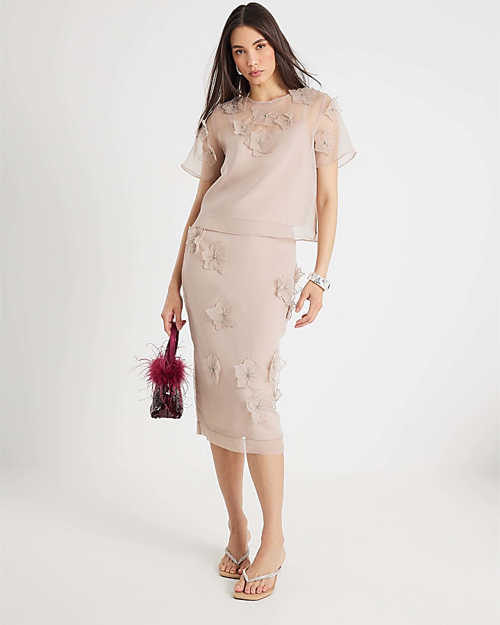 Pink Organza Flower Midi Skirt