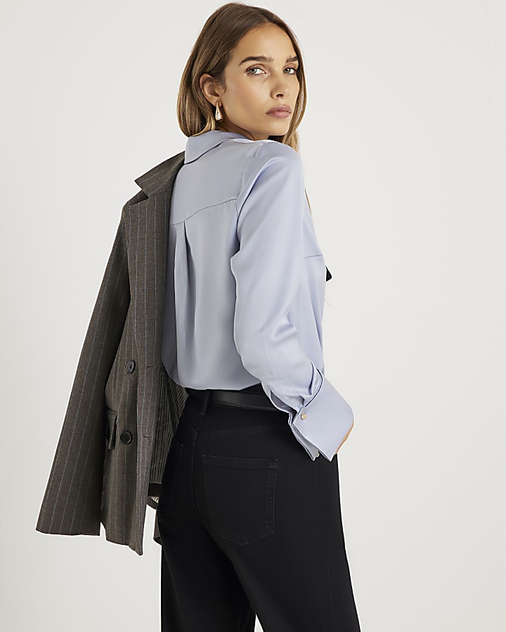 Blue satin shirt with Tie detail