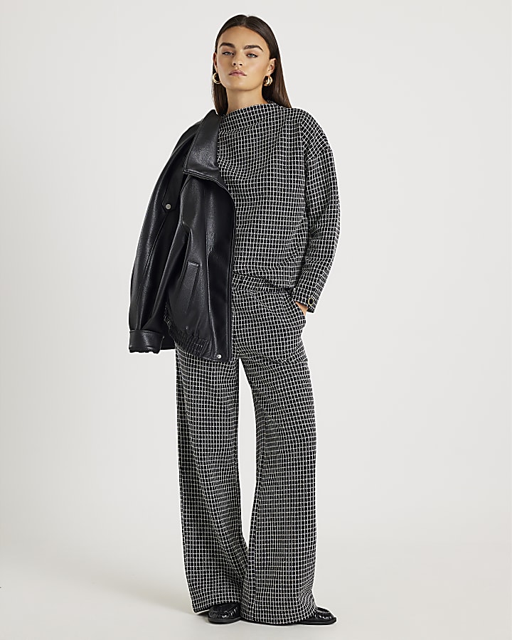 Black Boucle Check Wide Leg Trousers