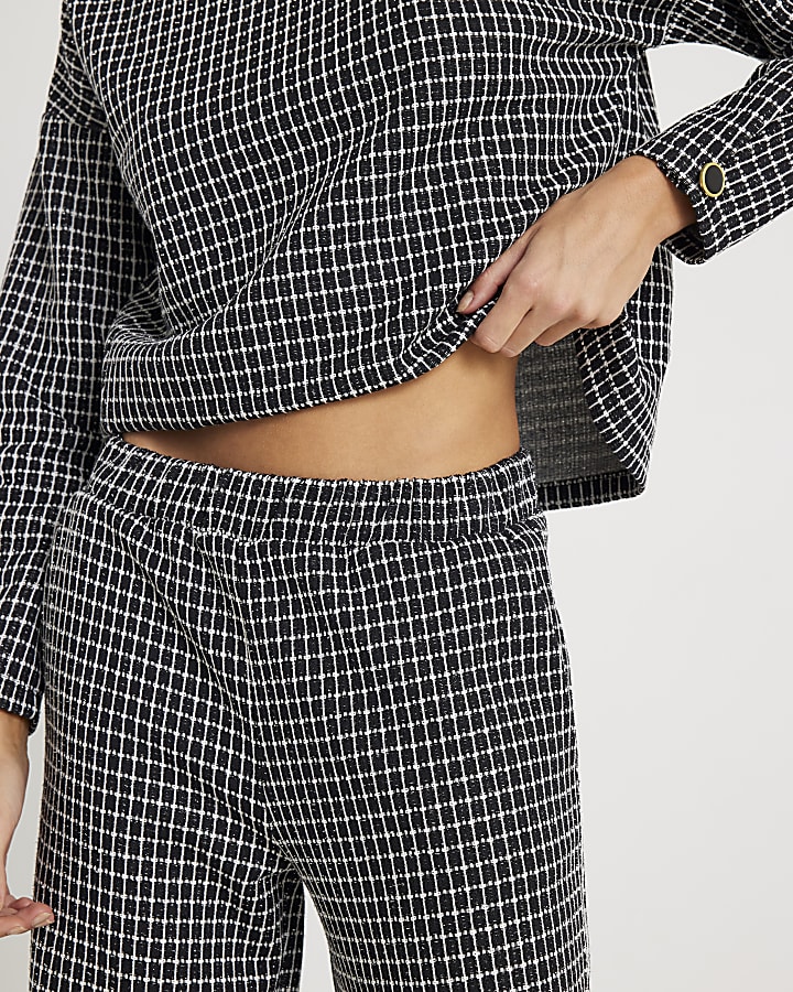 Black Boucle Check Wide Leg Trousers
