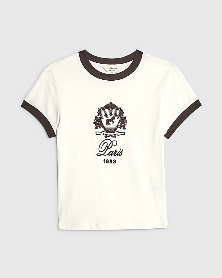 Cream Crest Embroidery Fitted T-Shirt