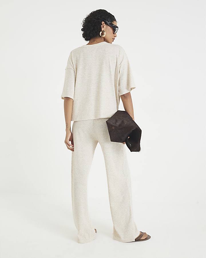 Cream Ribbed Wide Leg Trousers