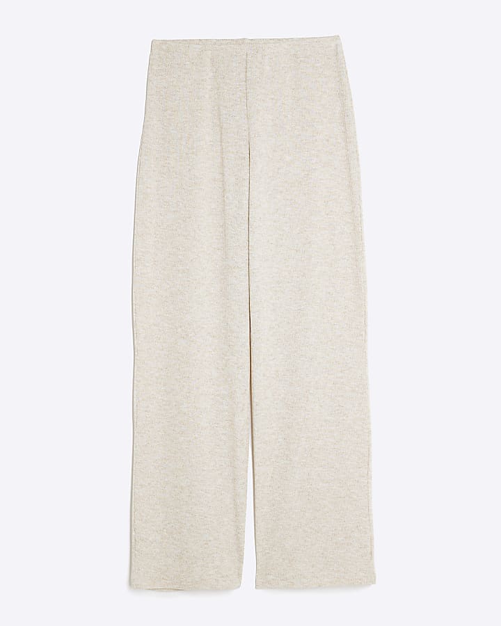 Cream Ribbed Wide Leg Trousers