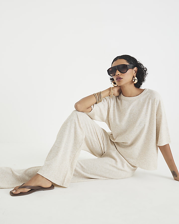 Cream Ribbed Wide Leg Trousers
