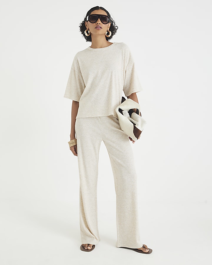 Cream Ribbed Wide Leg Trousers