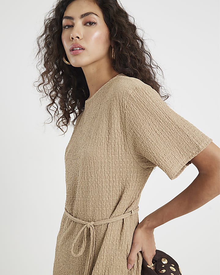 Beige Textured Belted Dress