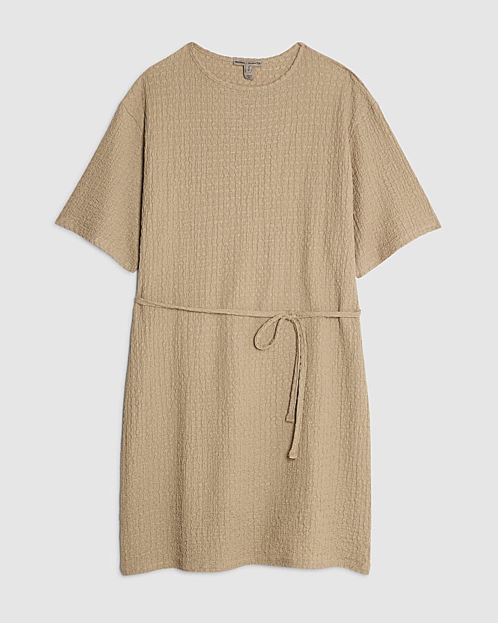 Beige Textured Belted Dress