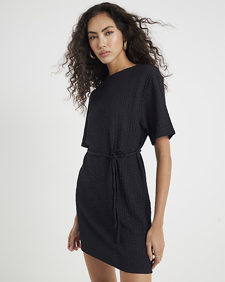 Black Textured Belted Dress