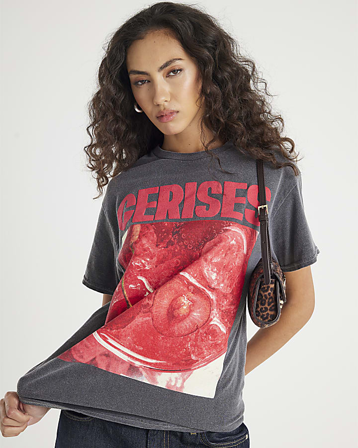 Grey Short Sleeve Cerises Photo Print T-shirt