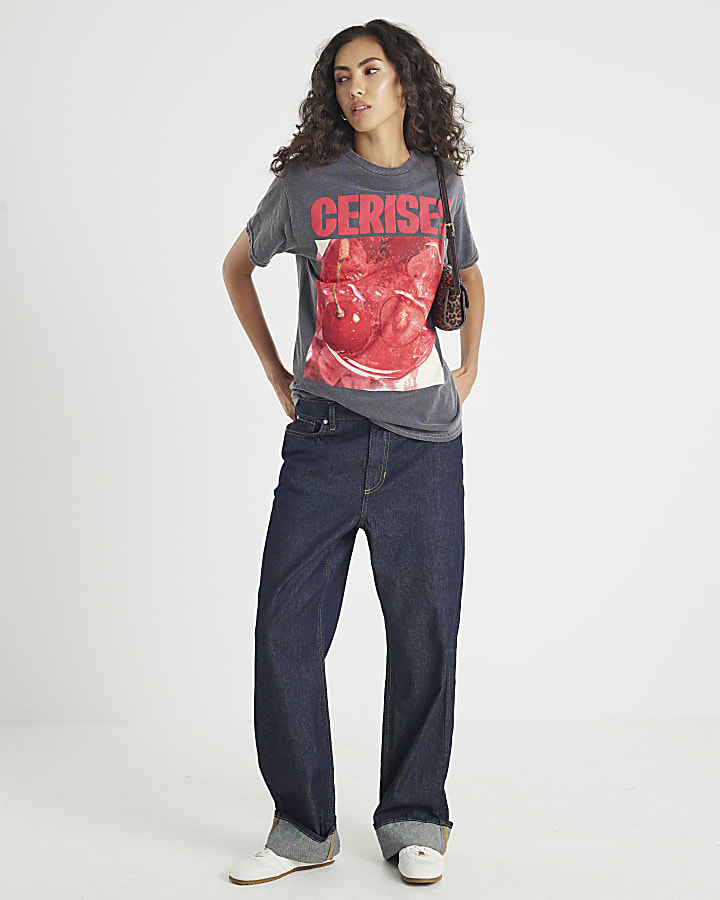 Grey Short Sleeve Cerises Photo Print T-shirt