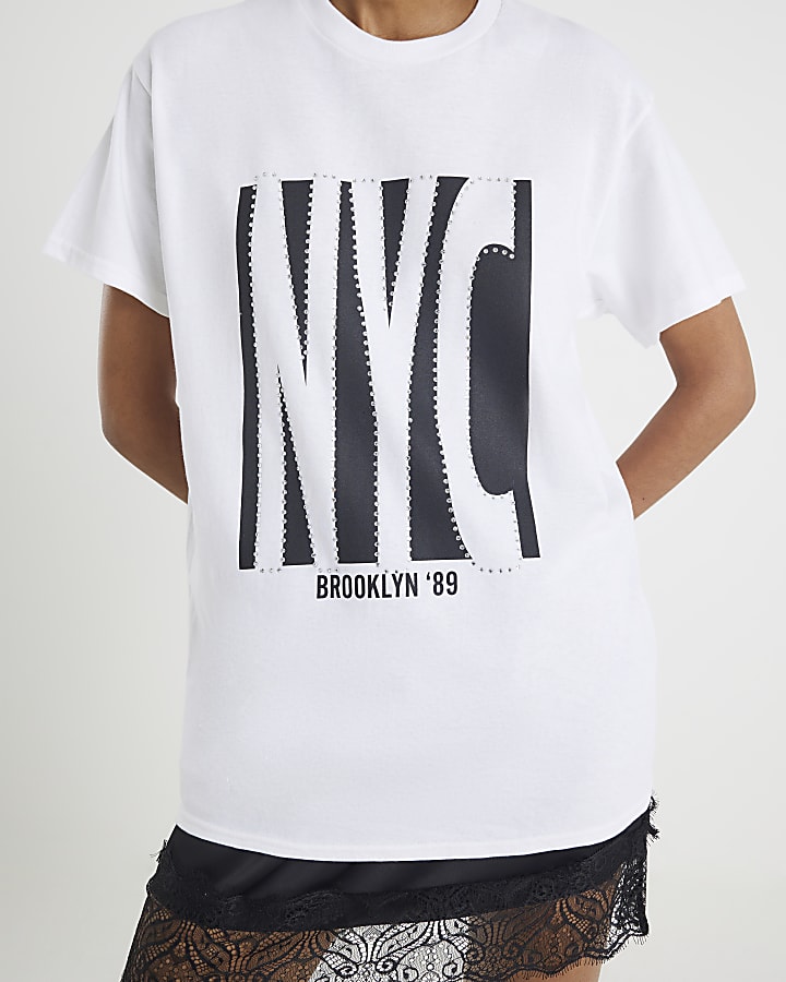 White Short Sleeve NYC Diamante T-shirt
