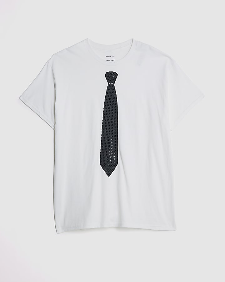 White Short Sleeve Diamante Tie T-shirt