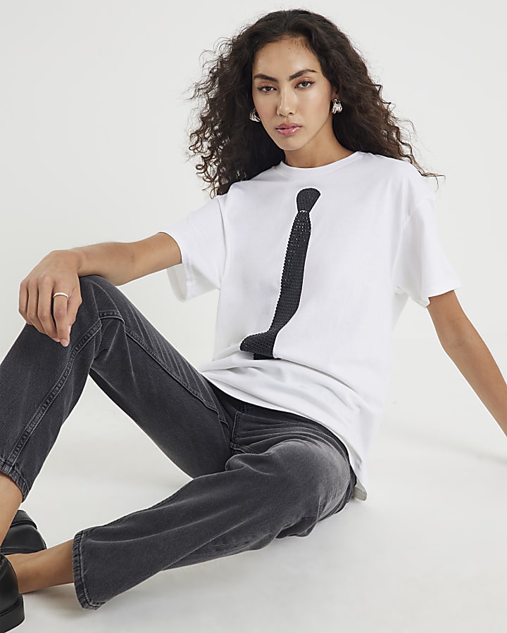 White Short Sleeve Diamante Tie T-shirt