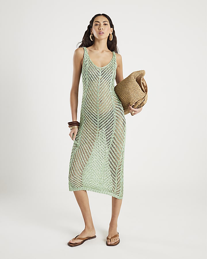 Green Sleeveless Lurex Knit Maxi beach dress