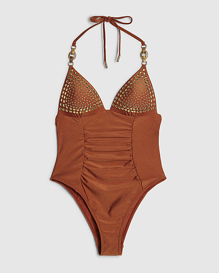 Brown Shaping Stud Swimsuit