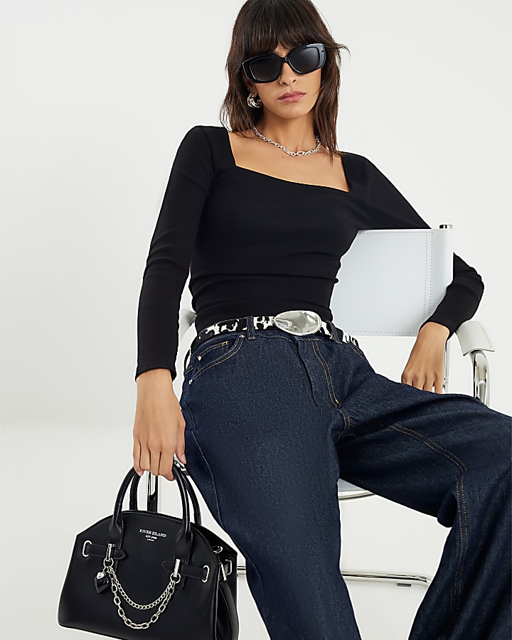 Black Fitted Square Neck Top