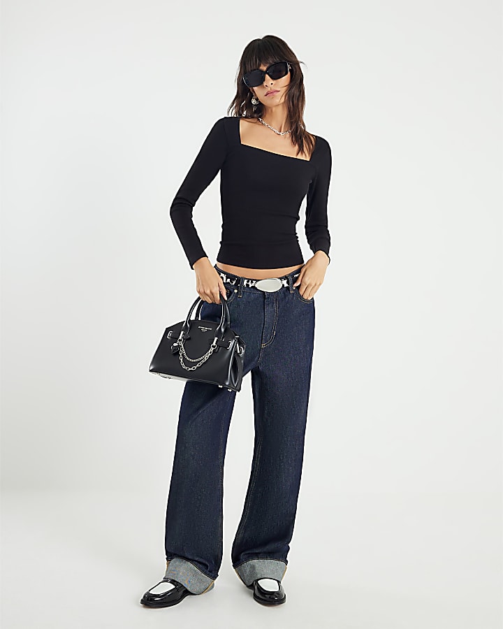 Black Fitted Square Neck Top