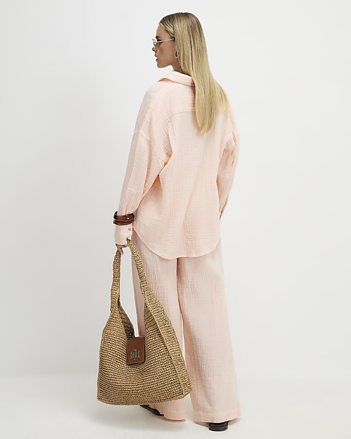 Petite Pink Crinkle Wide Leg Trousers