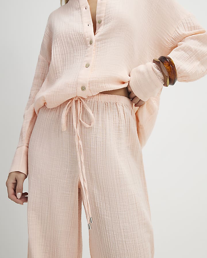 Petite Pink Crinkle Wide Leg Trousers