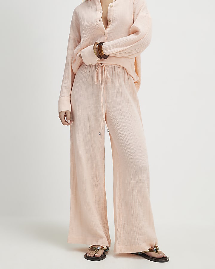 Petite Pink Crinkle Wide Leg Trousers
