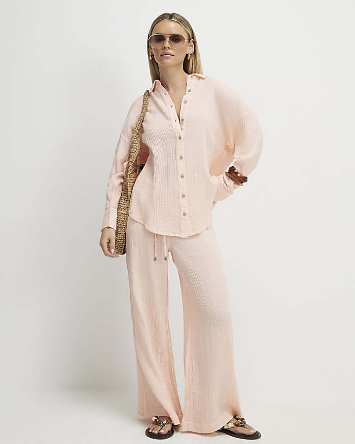 Petite Pink Crinkle Long Sleeve Beach Shirt