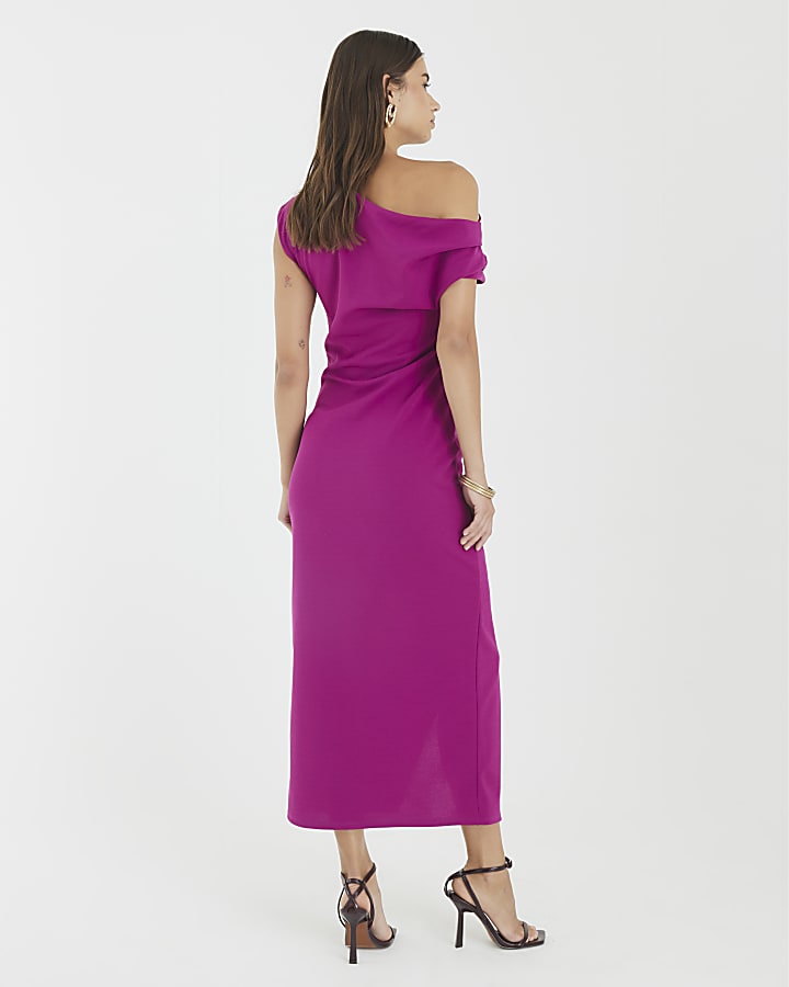 Purple Asymmetric Draped Wrap Midi Dress