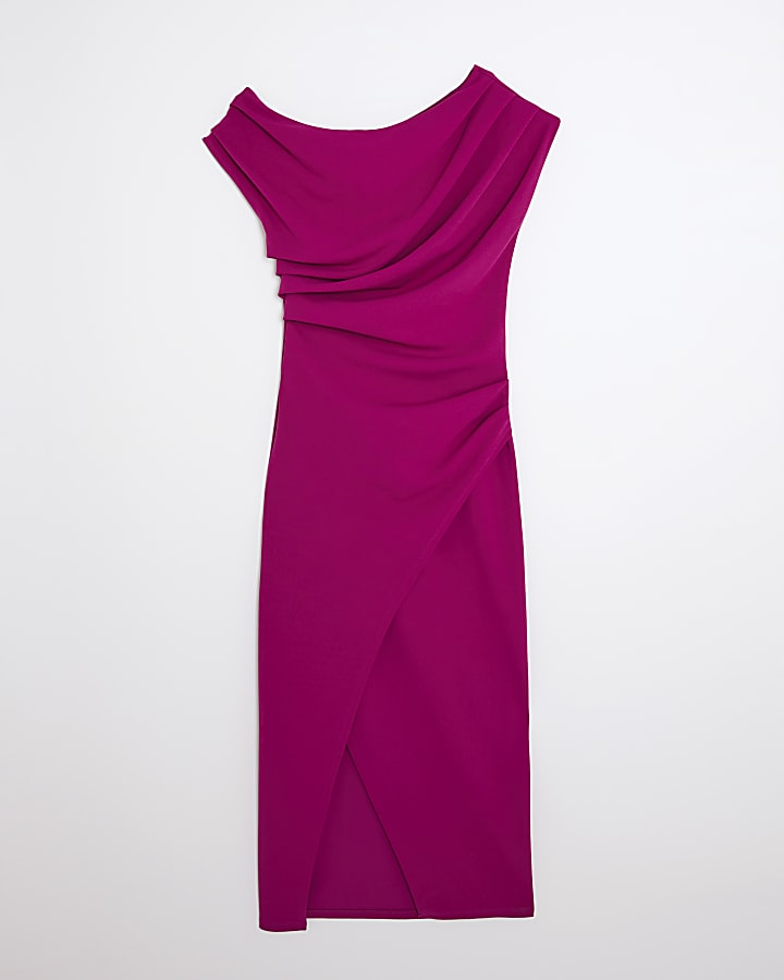 Purple Asymmetric Draped Wrap Midi Dress