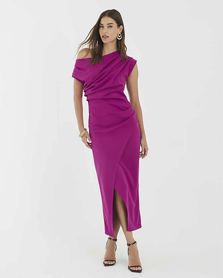 Purple Asymmetric Draped Wrap Midi Dress
