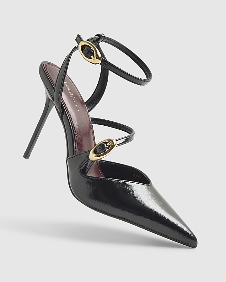 Black Asymmetric Strap Court Heels