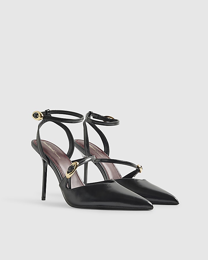 Black Asymmetric Strap Court Heels