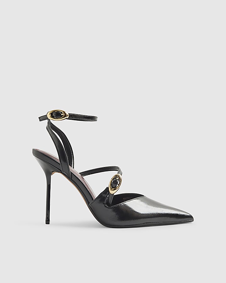 Black Asymmetric Strap Court Heels
