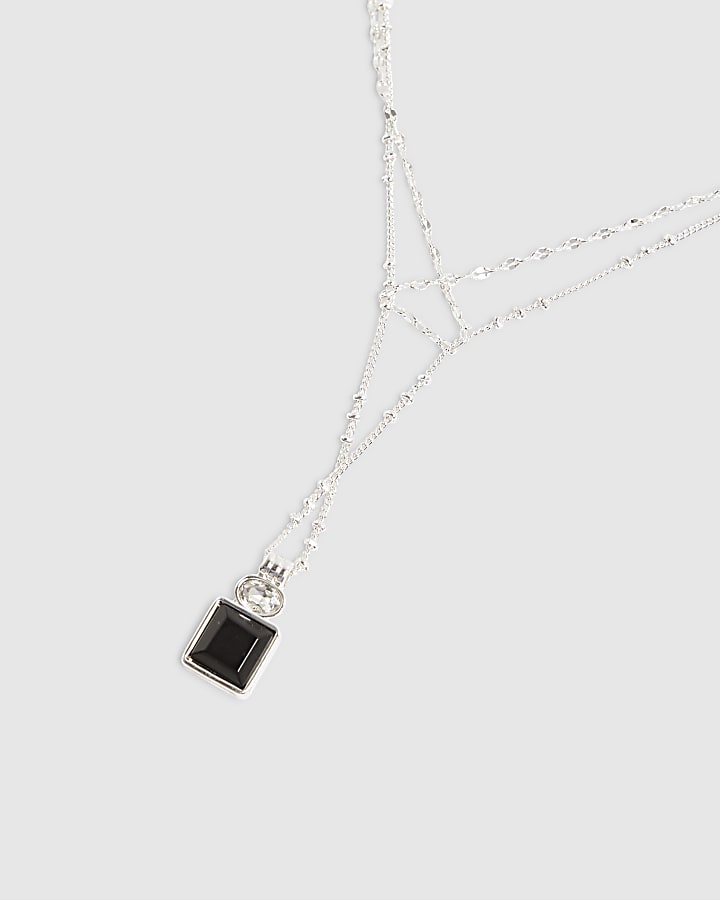 Silver Black Stone Pendant Layered Necklace