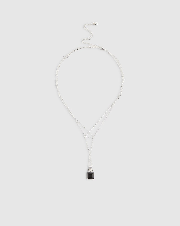 Silver Black Stone Pendant Layered Necklace
