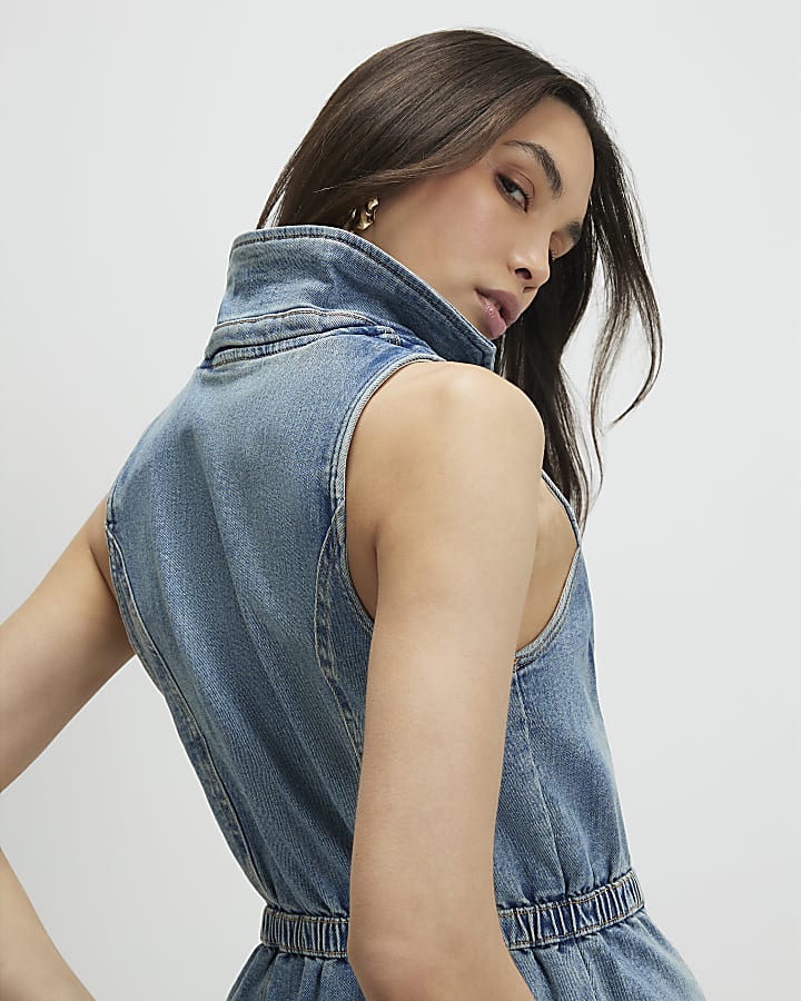 Blue Denim Elasticated Sleeveless Waistcoat