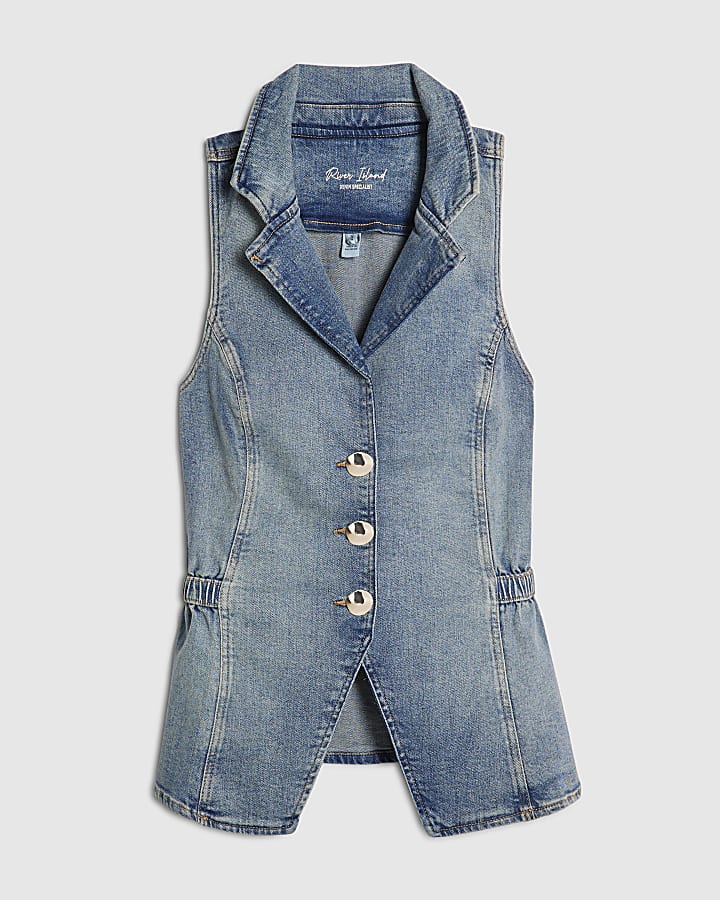 Blue Denim Elasticated Sleeveless Waistcoat