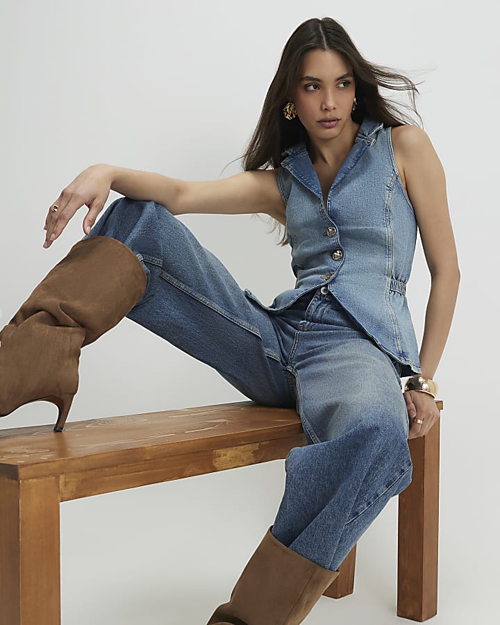 Blue Denim Elasticated Sleeveless Waistcoat