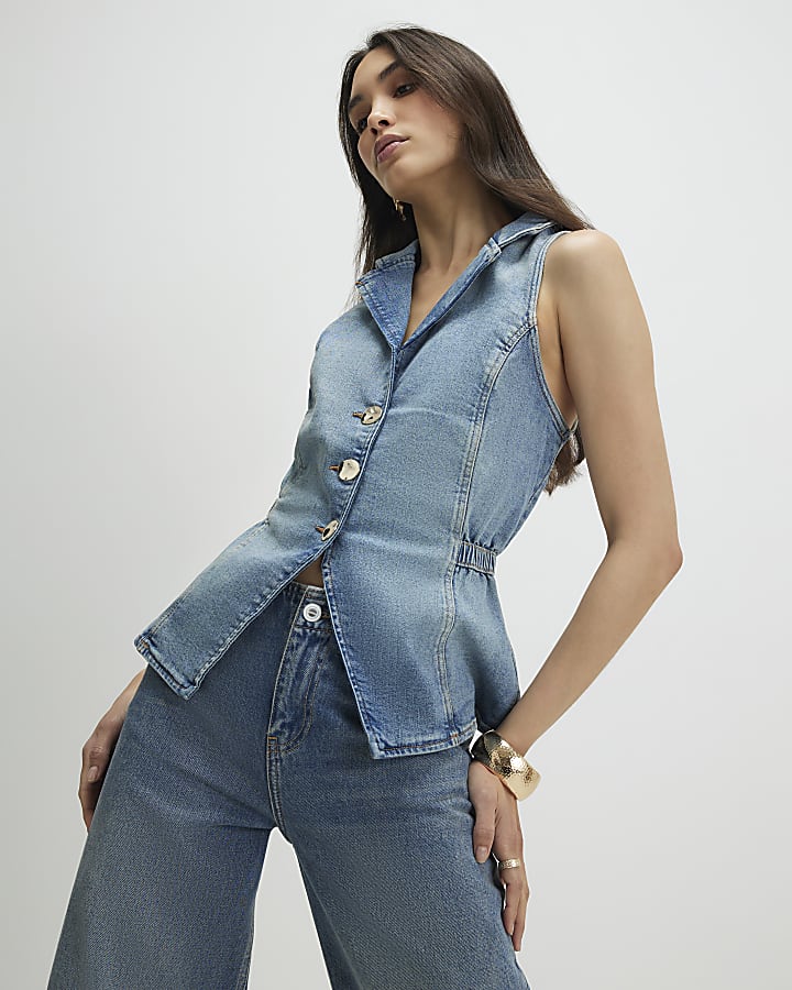 Blue Denim Elasticated Sleeveless Waistcoat
