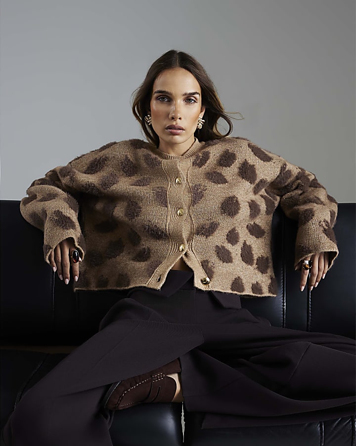 Brown Knitted Leopard Print Cardigan