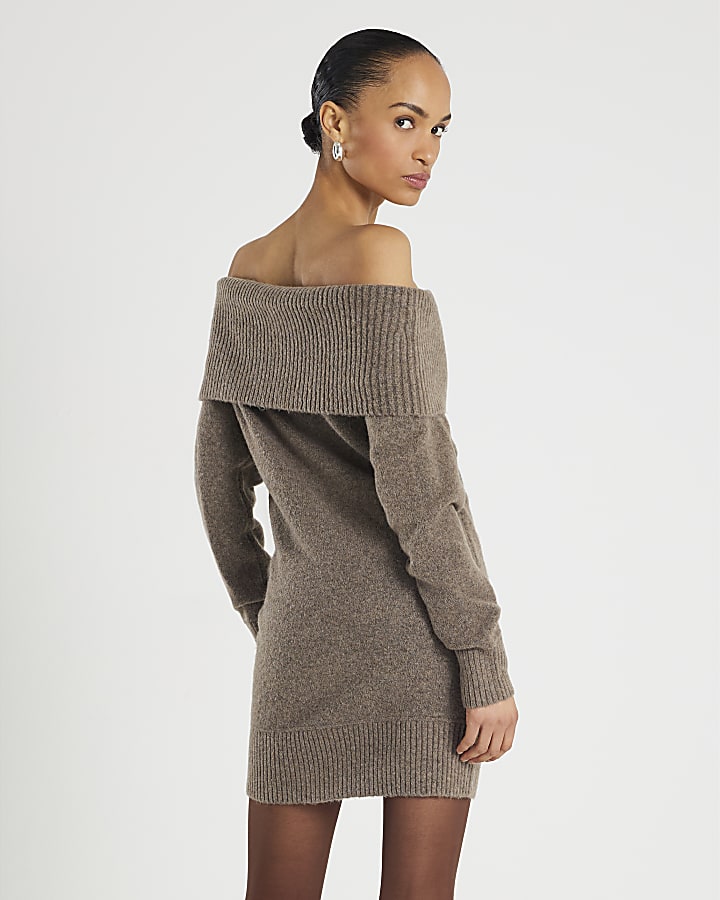 Brown Knitted Long Sleeve Bardot Mini Dress