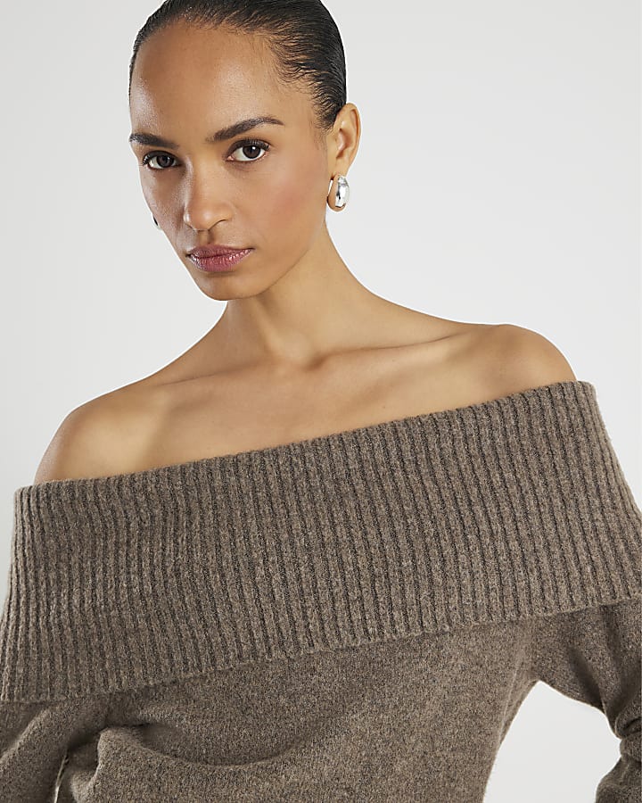 Brown Knitted Long Sleeve Bardot Mini Dress