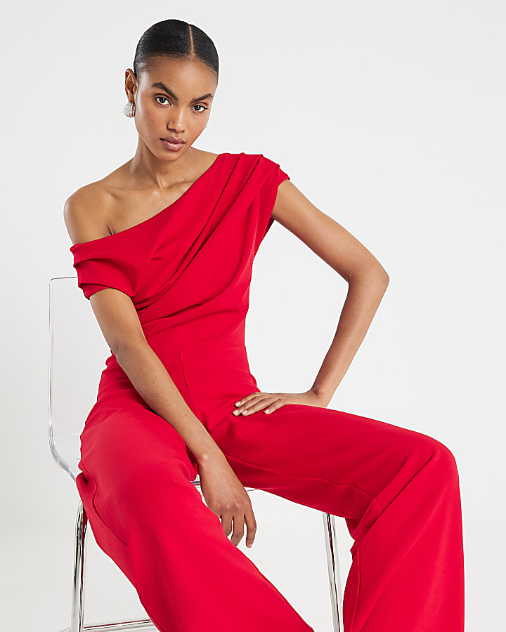 Red One Shoulder Draped Jumpsuit