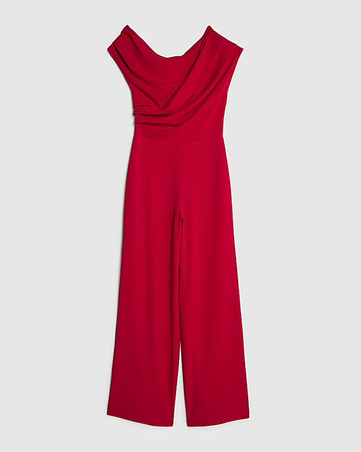 Red One Shoulder Draped Jumpsuit