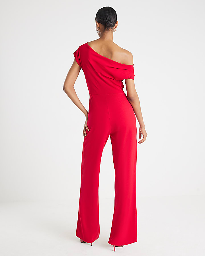 Red One Shoulder Draped Jumpsuit