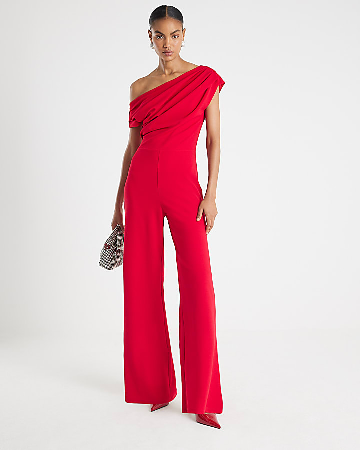 Red One Shoulder Draped Jumpsuit