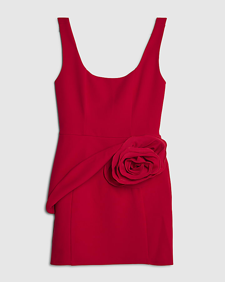 Red Sleeveless Corsage Mini Dress