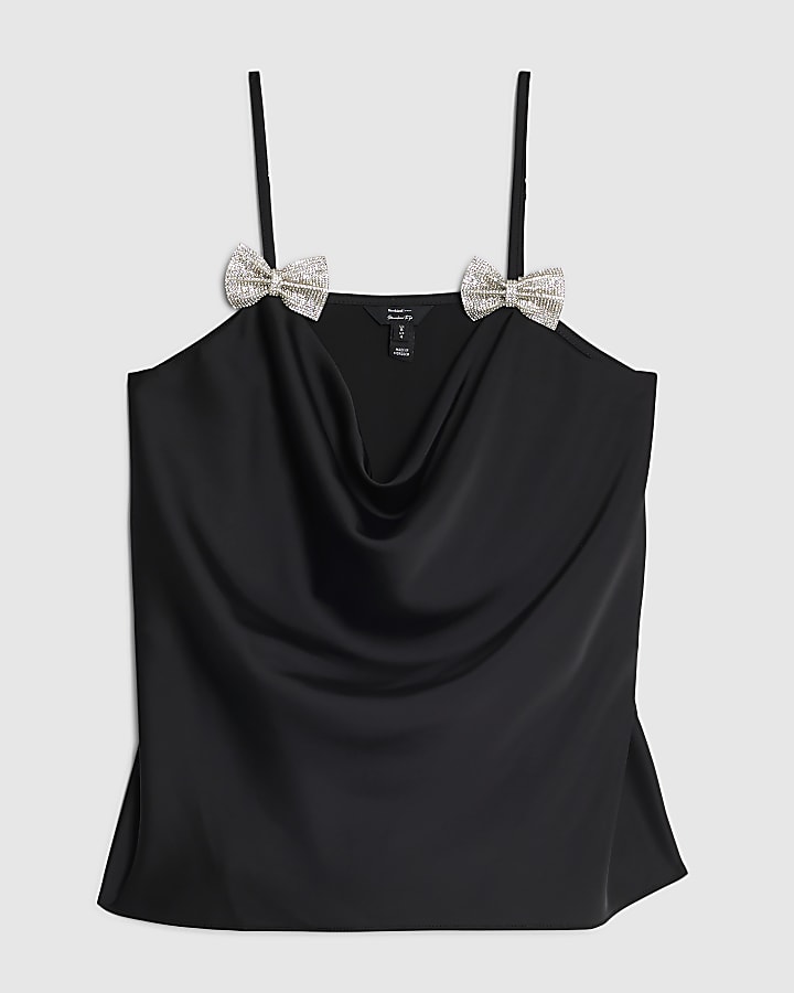 Black Cowl Neck Diamante Bow Cami Top