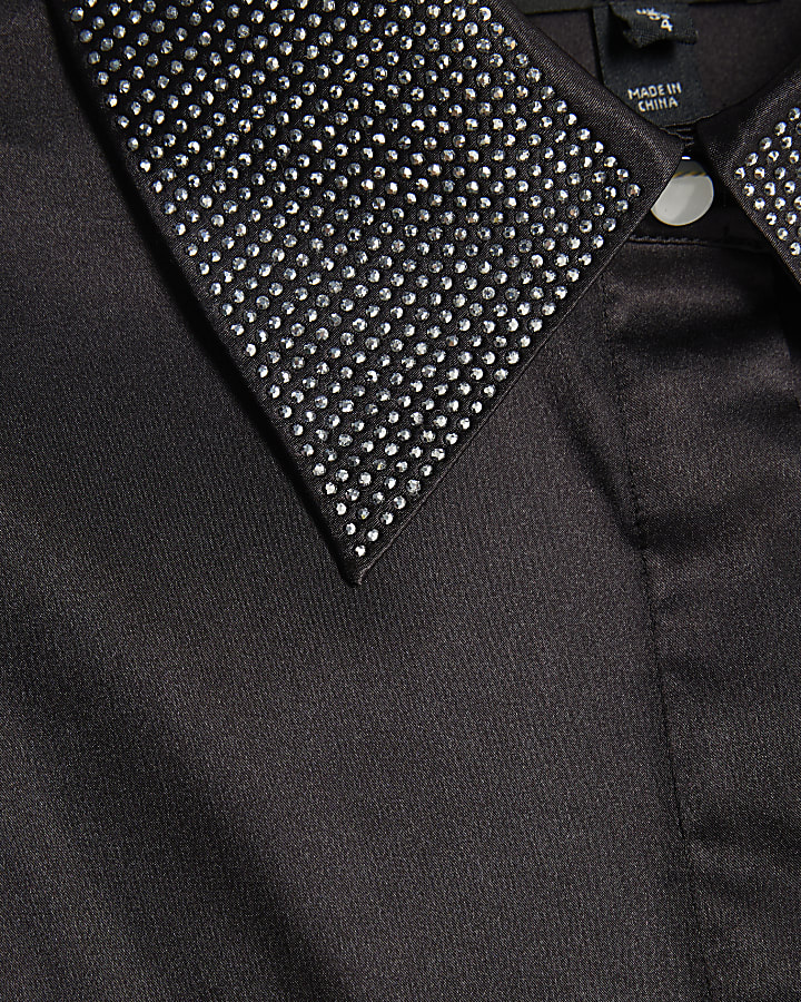 Black Embellished Collar Satin Shirt