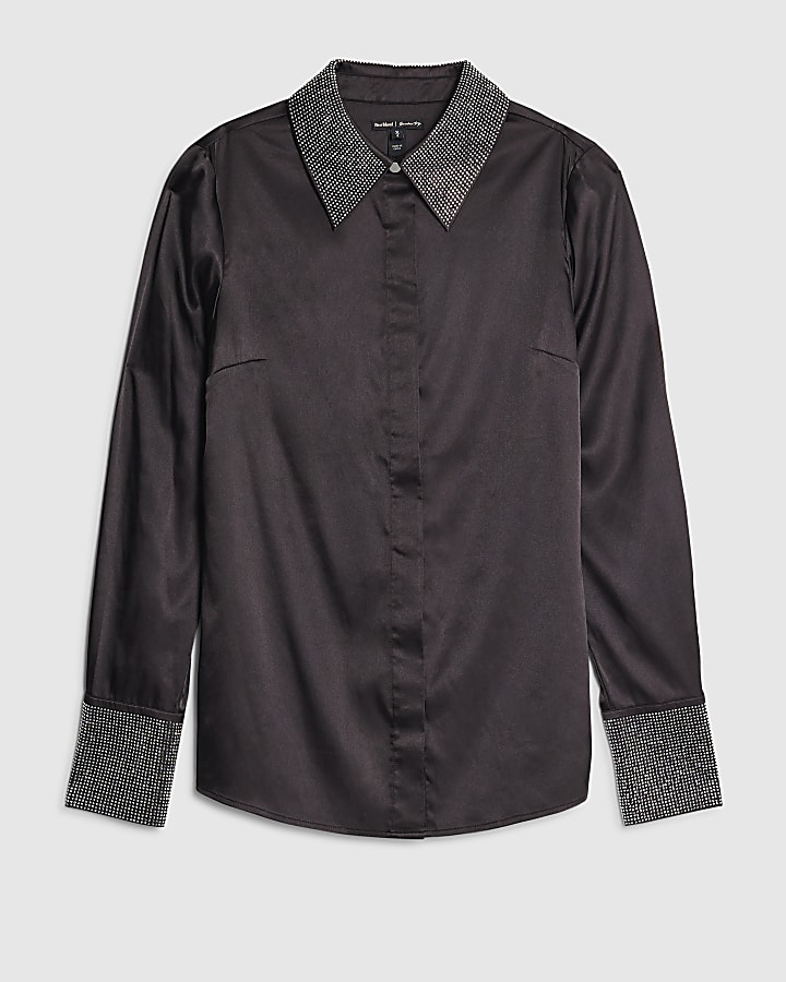 Black Embellished Collar Satin Shirt