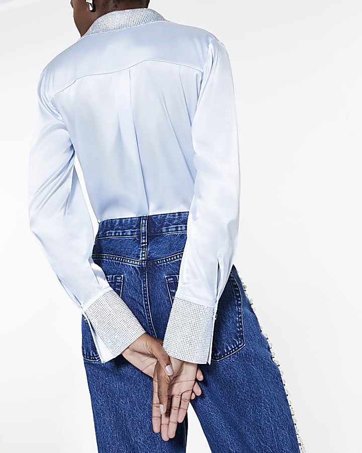 Blue Satin Embellished Collared Shirt