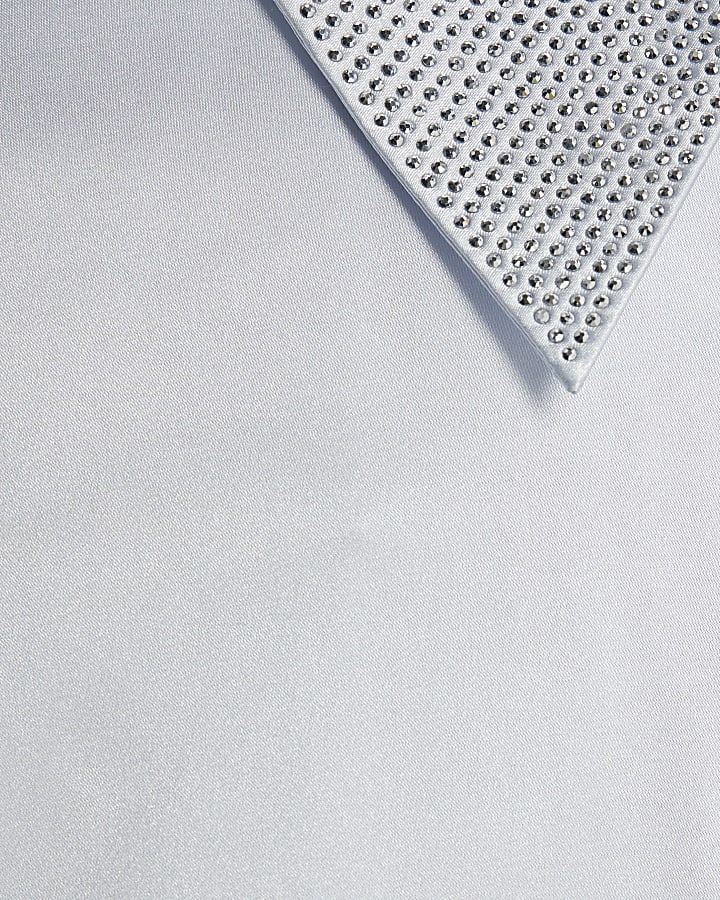 Blue Satin Embellished Collared Shirt